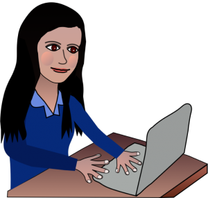 Cartoon avatar Roslyn Green on computer