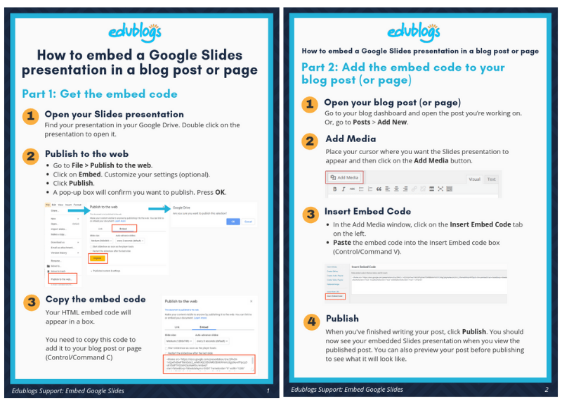 2 page PDF showing how to embed a Google Slides presentation into a blog post or page