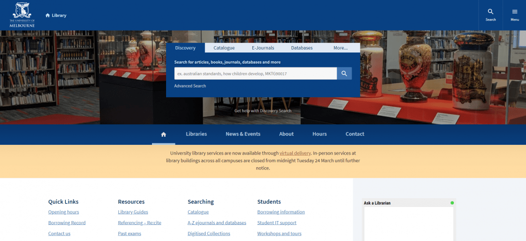 Screenshot of Melbourne University website