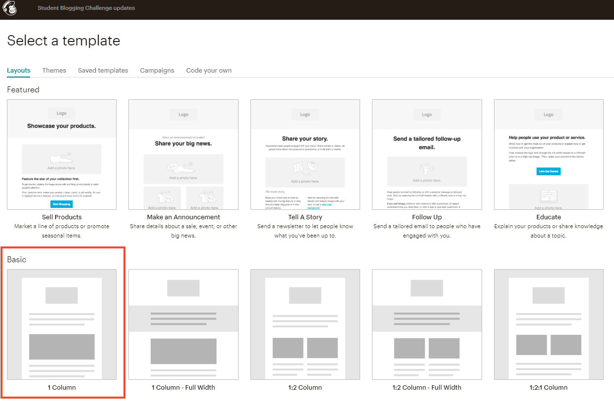 Choose template, for example basic 1 column